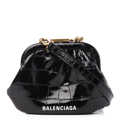 Balenciaga Shiny Supple Calfskin Logo Crocodile Embossed Cloud Coin Purse With Strap Black White 1 of 10