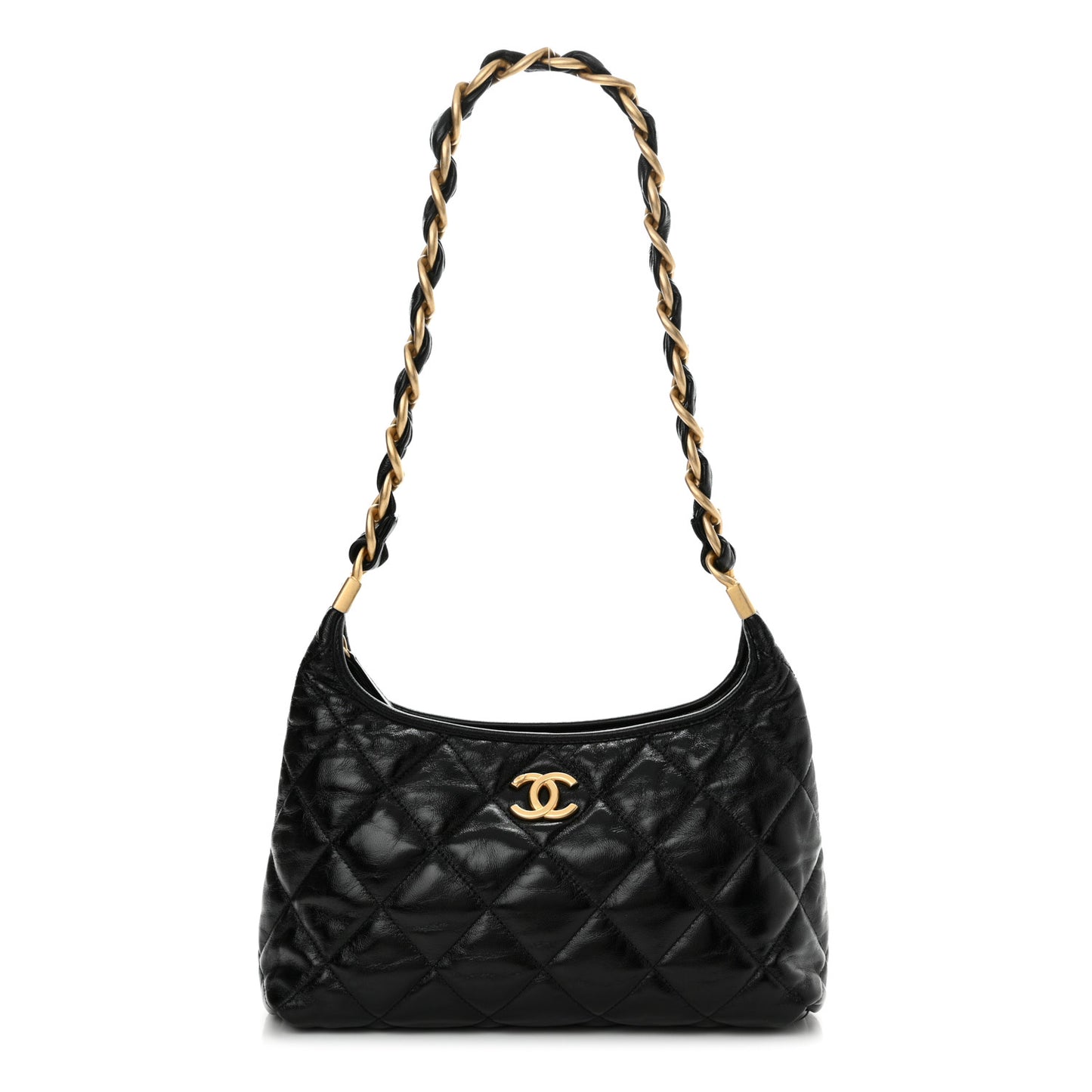 Shiny Crumpled Lambskin Quilted Medium CC Funky Town Hobo Black