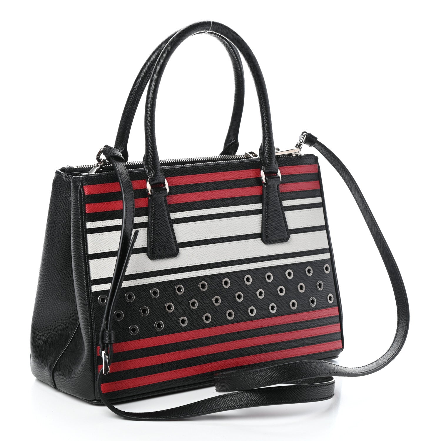 Prada Saffiano Grommet Small Galleria Double Zip Tote Black Fuoco 3 of 9