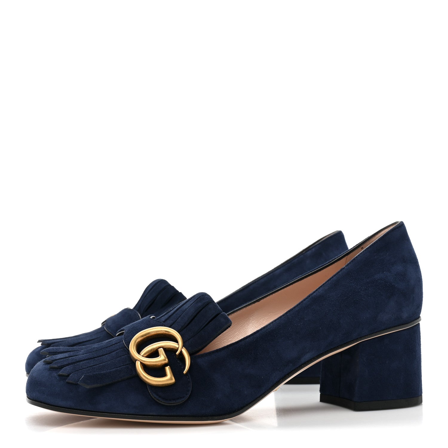 Gucci Kid Scamosciato GG Marmont Fringe 50mm Loafer Pumps 38.5 Blue Ink 3 of 9