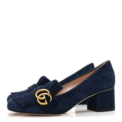 Gucci Kid Scamosciato GG Marmont Fringe 50mm Loafer Pumps 38.5 Blue Ink 3 of 9