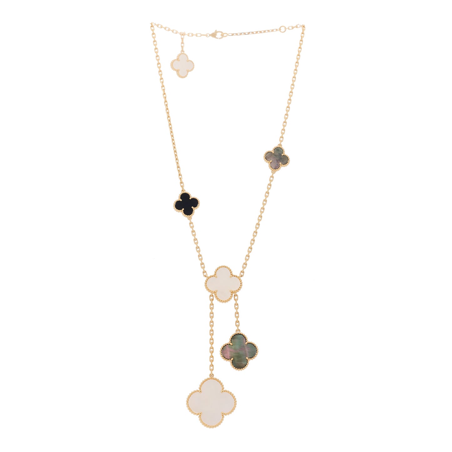 18K Yellow Gold Mother of Pearl Onyx 6 Motifs Magic Alhambra Necklace