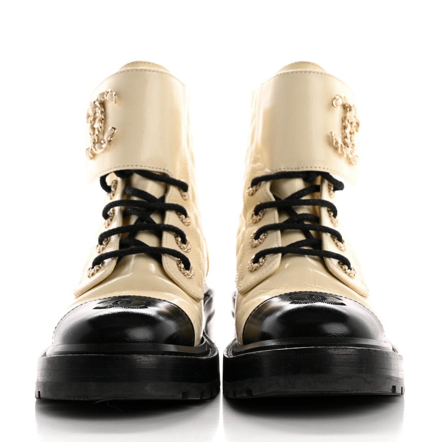 Shiny Lambskin Quilted Lace Up Combat Boots 36.5 White Black