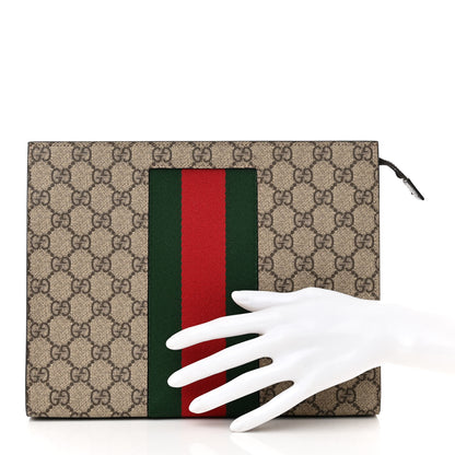 Gucci GG Supreme Monogram Selleria Calfskin Web New Web Cosmetic Case Beige Ebony Cocoa 2 of 10