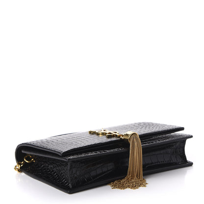 Saint Laurent Calfskin Crocodile Embossed Kate Monogram Tassel Chain Wallet Black 4 of 9