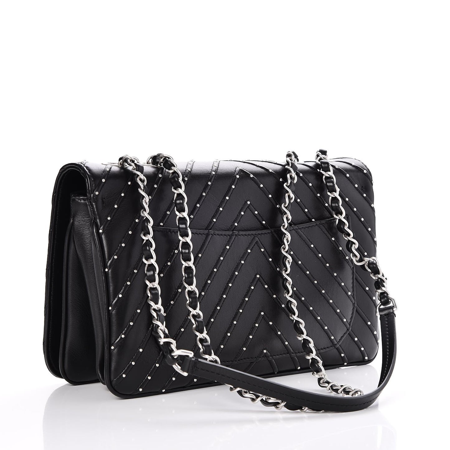 Calfskin Studded Chevron Quilted Flap Black