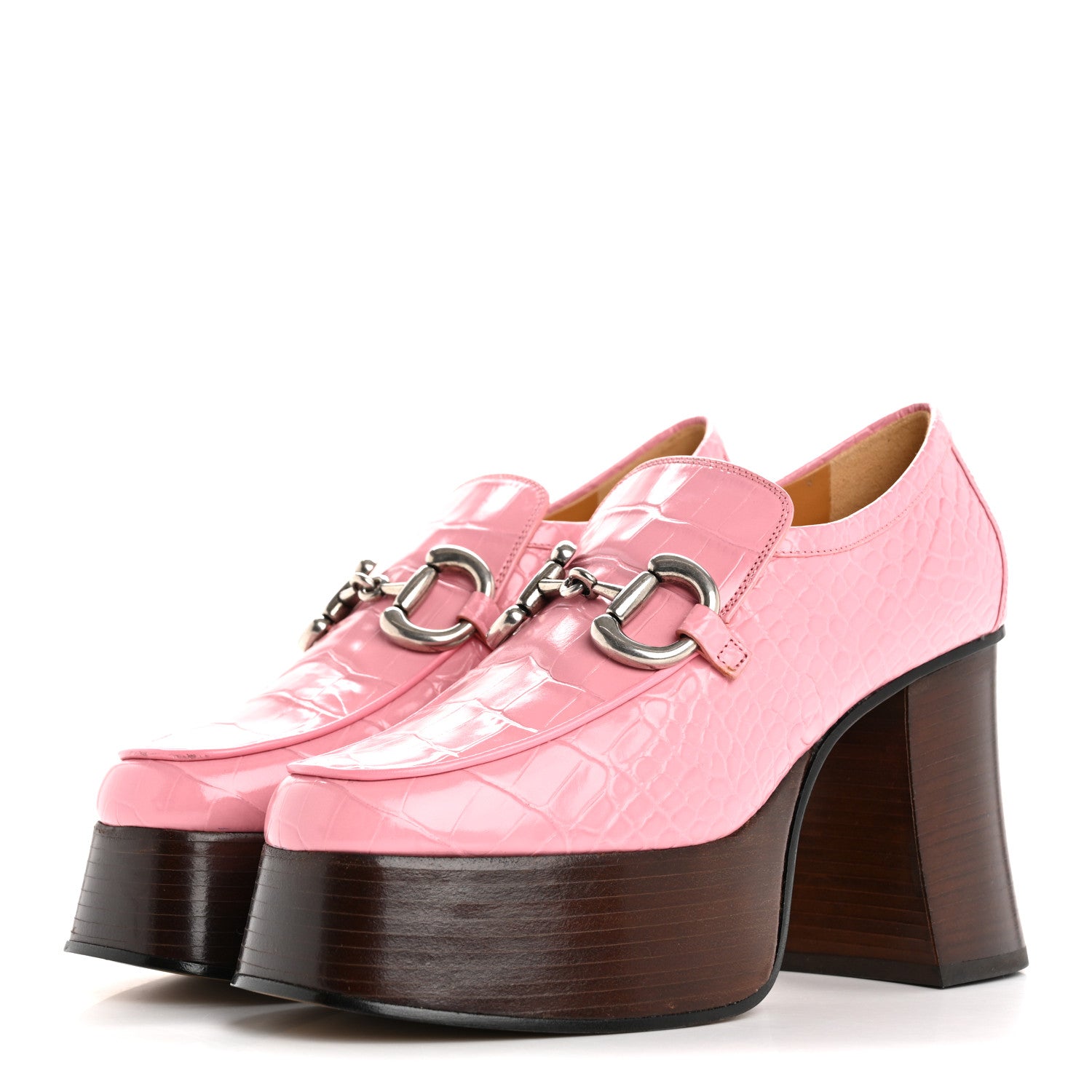 Gucci Croco Calf Lux Granada Kid Horsebit Platform Loafers 35.5 Butterfly Pink 4 of 10