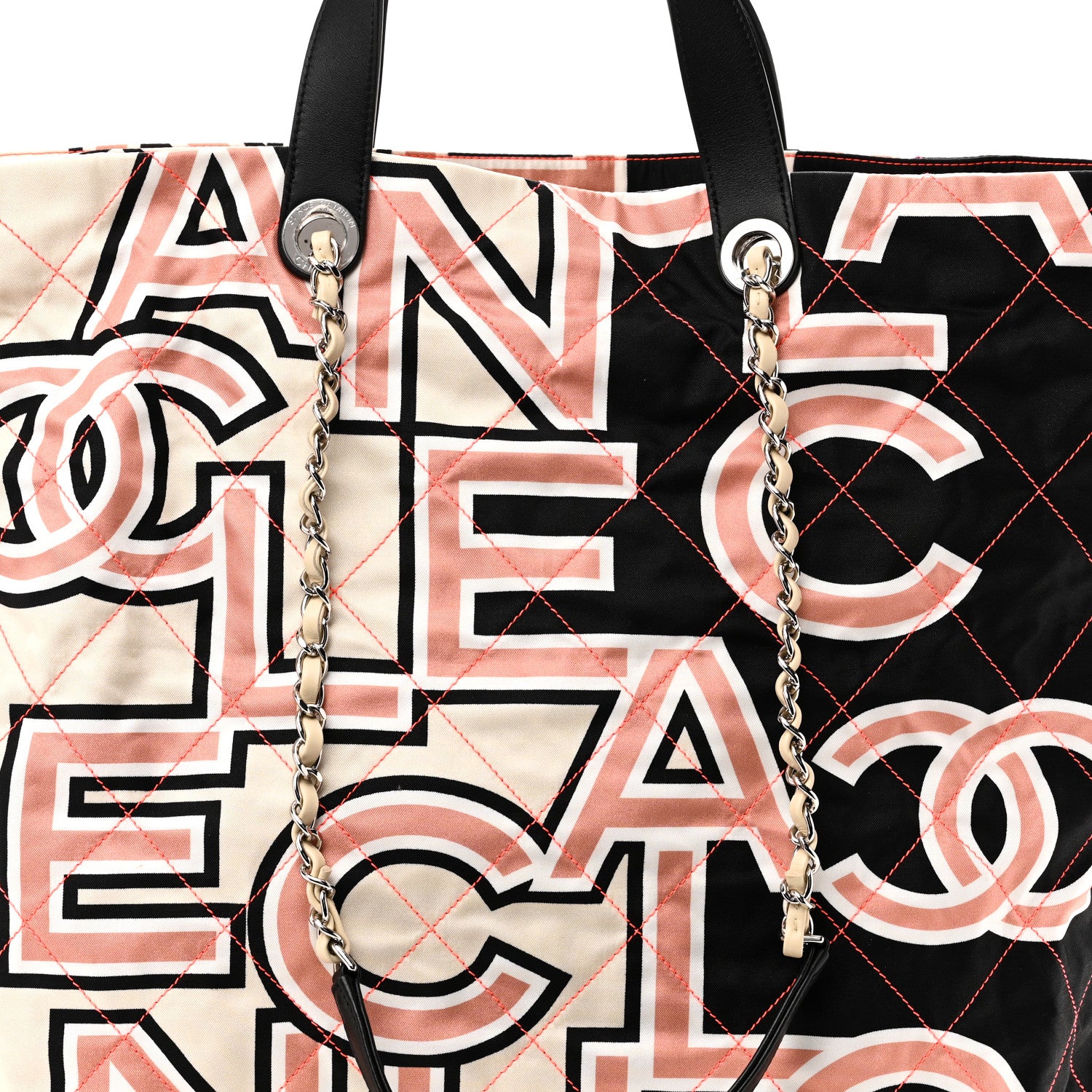 Chanel Nylon Stitched Printed Logo Shopping Bag Black White 8 of 10