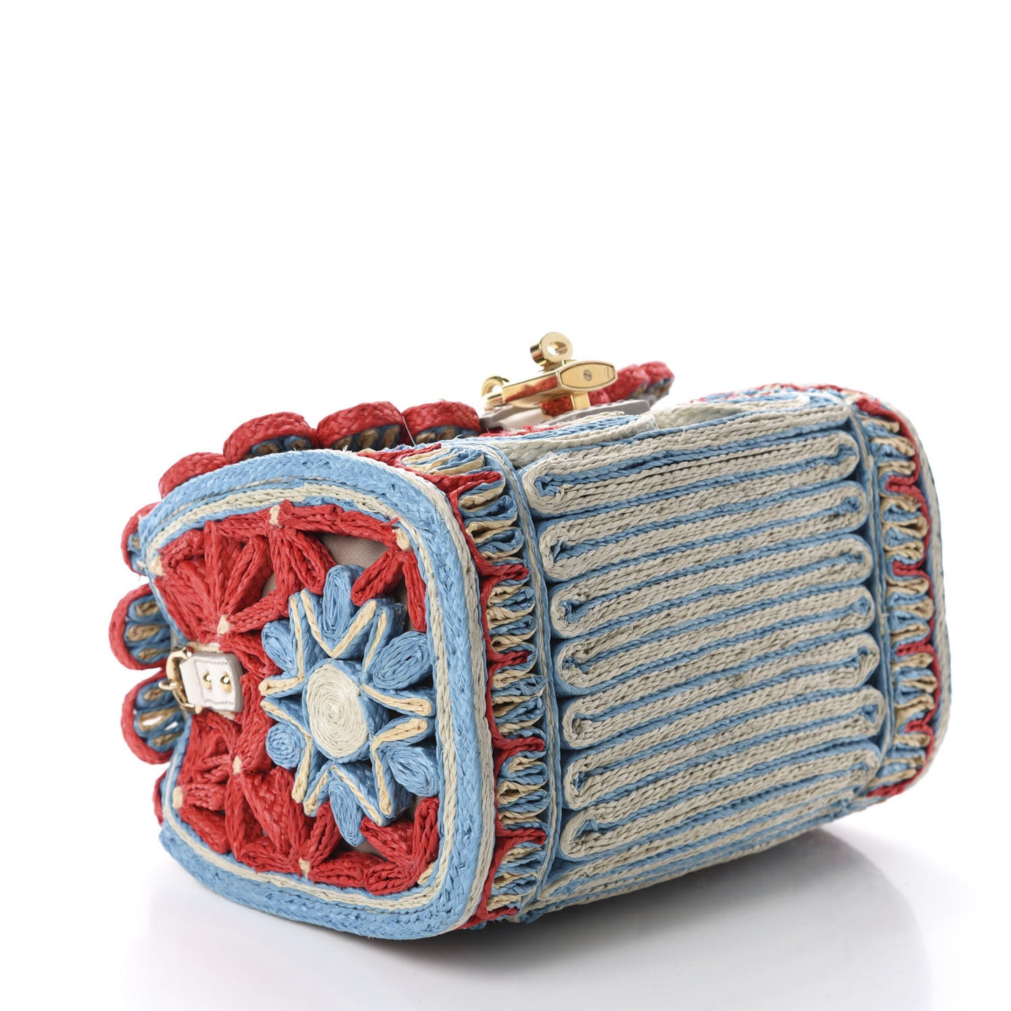 Raffia Crochet Embroidered Padlock Flap Satchel Multicolor