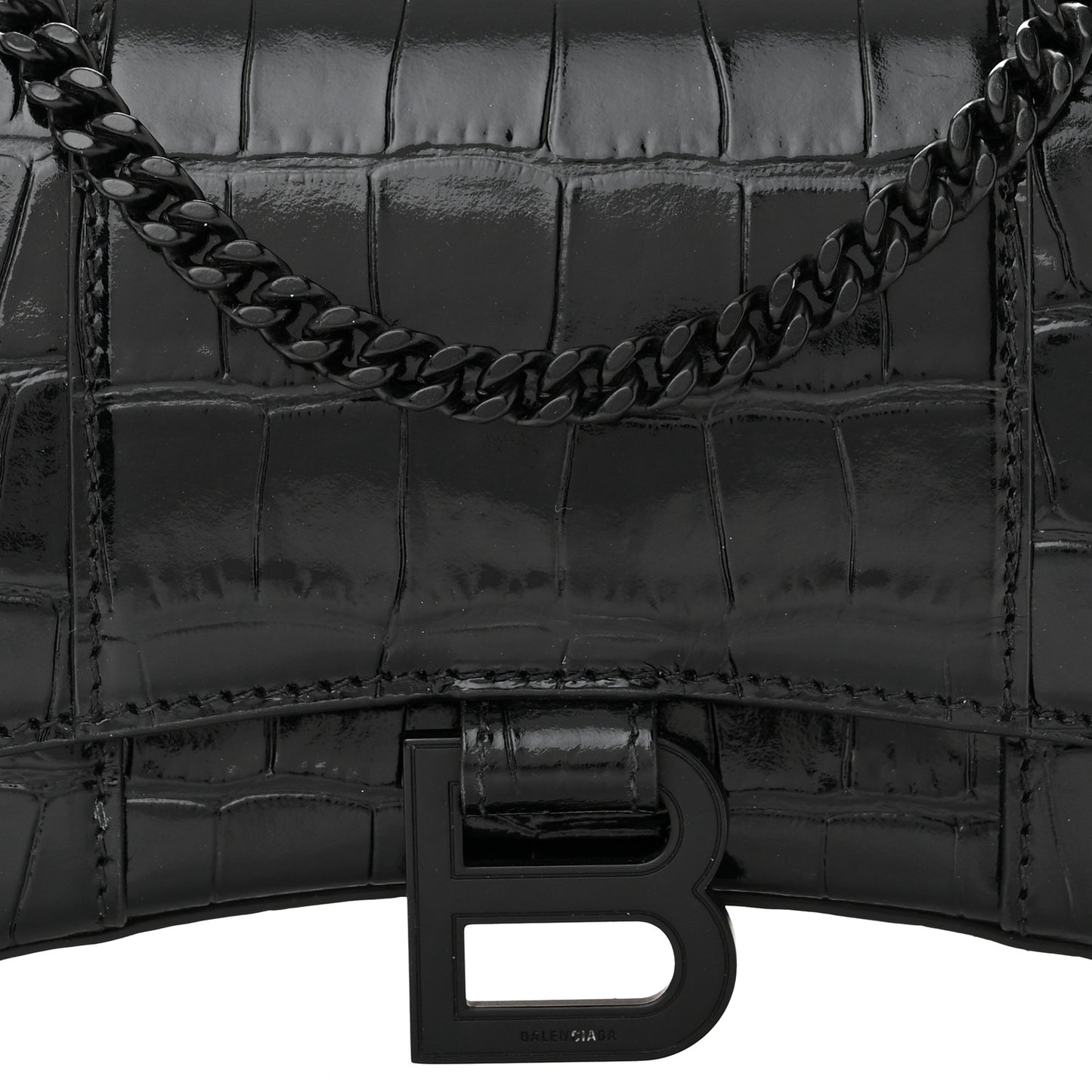 Shiny Calfskin Monochrome Crocodile Embossed Hourglass Chain Bag Black