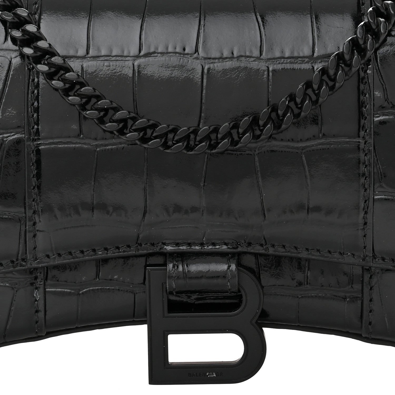 Balenciaga Shiny Calfskin Monochrome Crocodile Embossed Hourglass Chain Bag Black 7 of 11