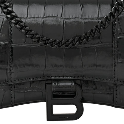 Balenciaga Shiny Calfskin Monochrome Crocodile Embossed Hourglass Chain Bag Black 7 of 11