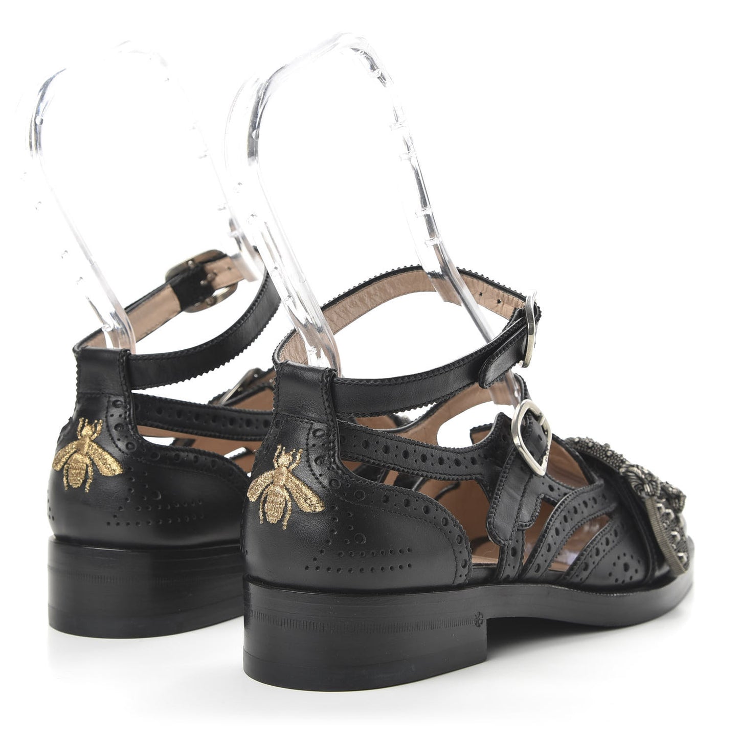 Calfskin Bee Embroidered Womens Queercore Brogue Wingtip Monk Strap Loafers 37.5 Black