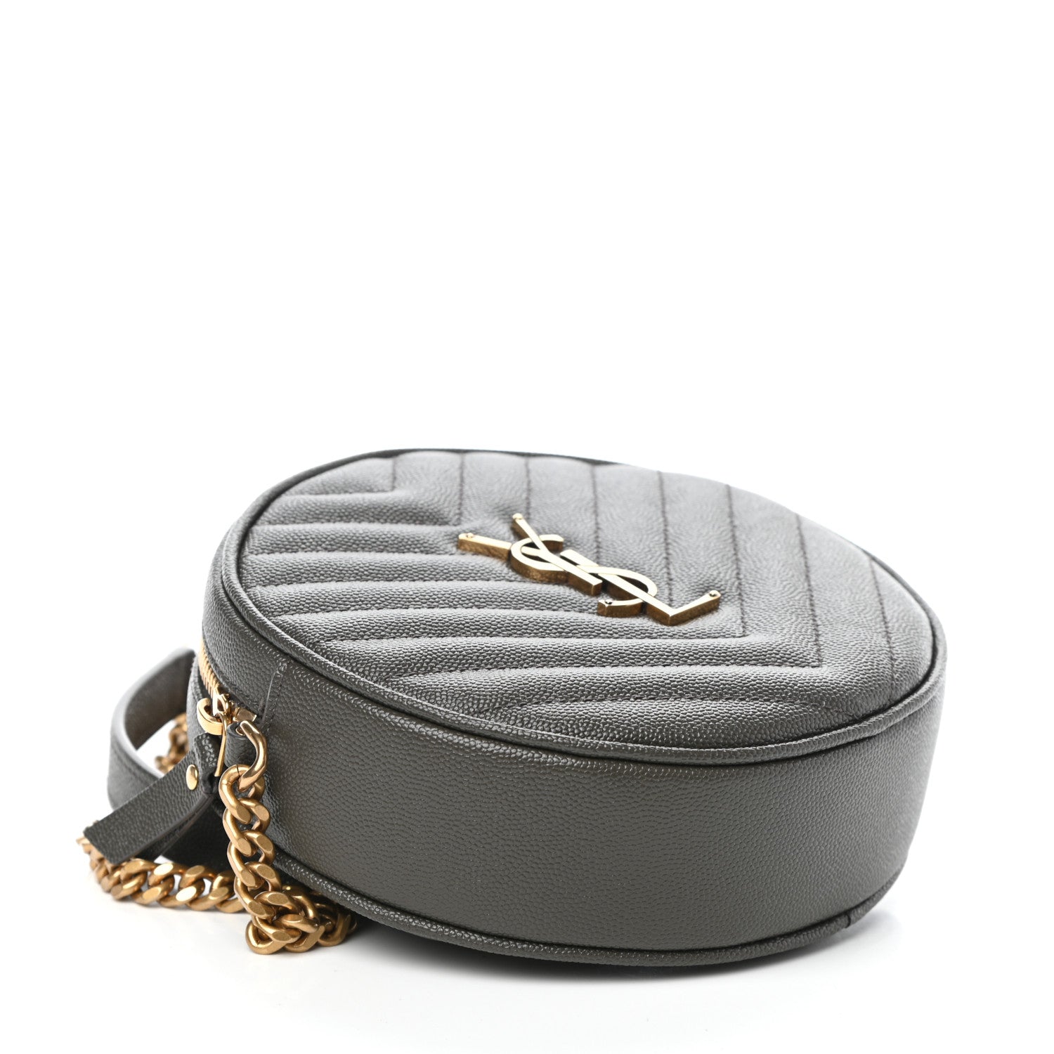 Saint Laurent Grain De Poudre Matelasse Chevron Quilted Round Vinyle Camera Bag Pebble 4 of 8