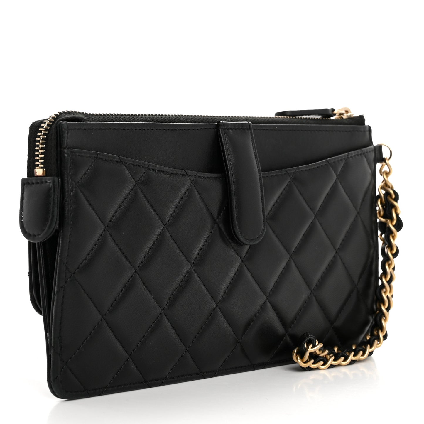 Lambskin Quilted Classic Pouch With Handle Black