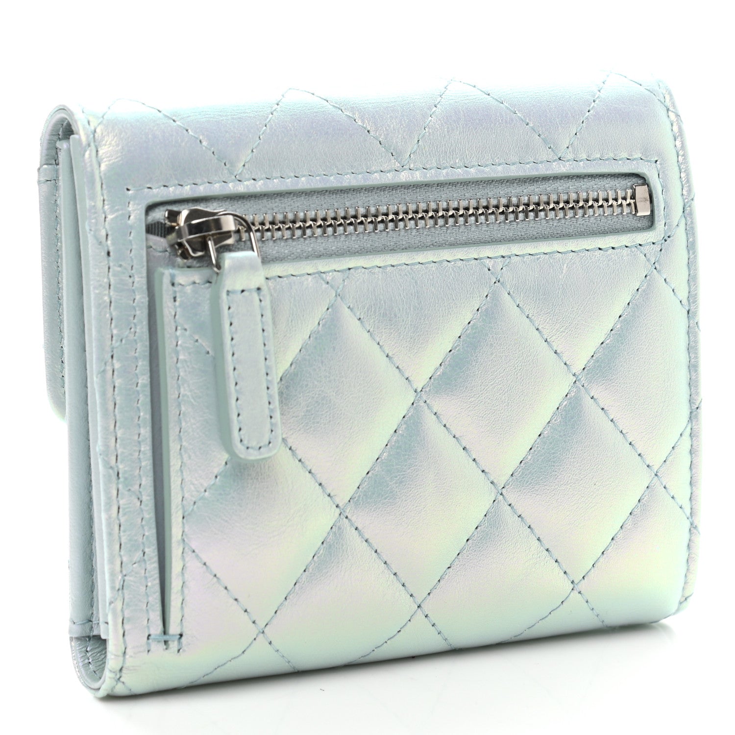 Chanel Iridescent Calfskin Quilted Compact Flap Wallet Light Blue 3 of 8