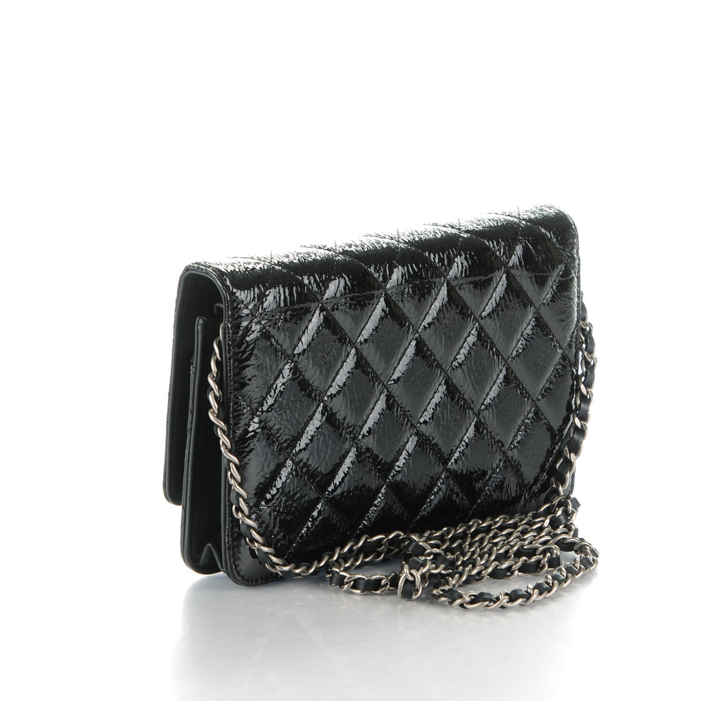 Distressed Patent Calfskin Quilted Wallet on Chain WOC Black
