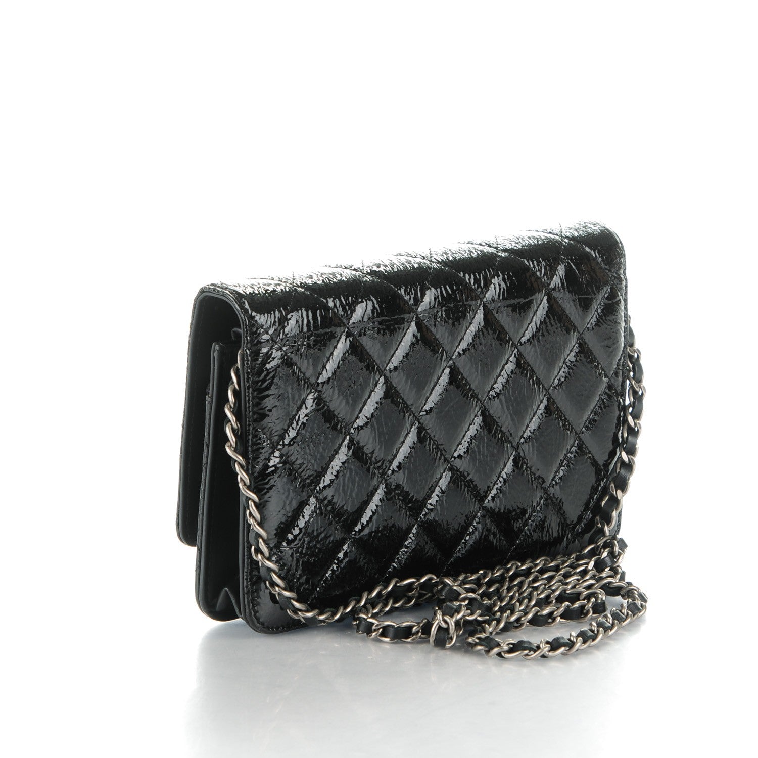 Chanel Distressed Patent Calfskin Quilted Wallet on Chain WOC Black 3 of 8