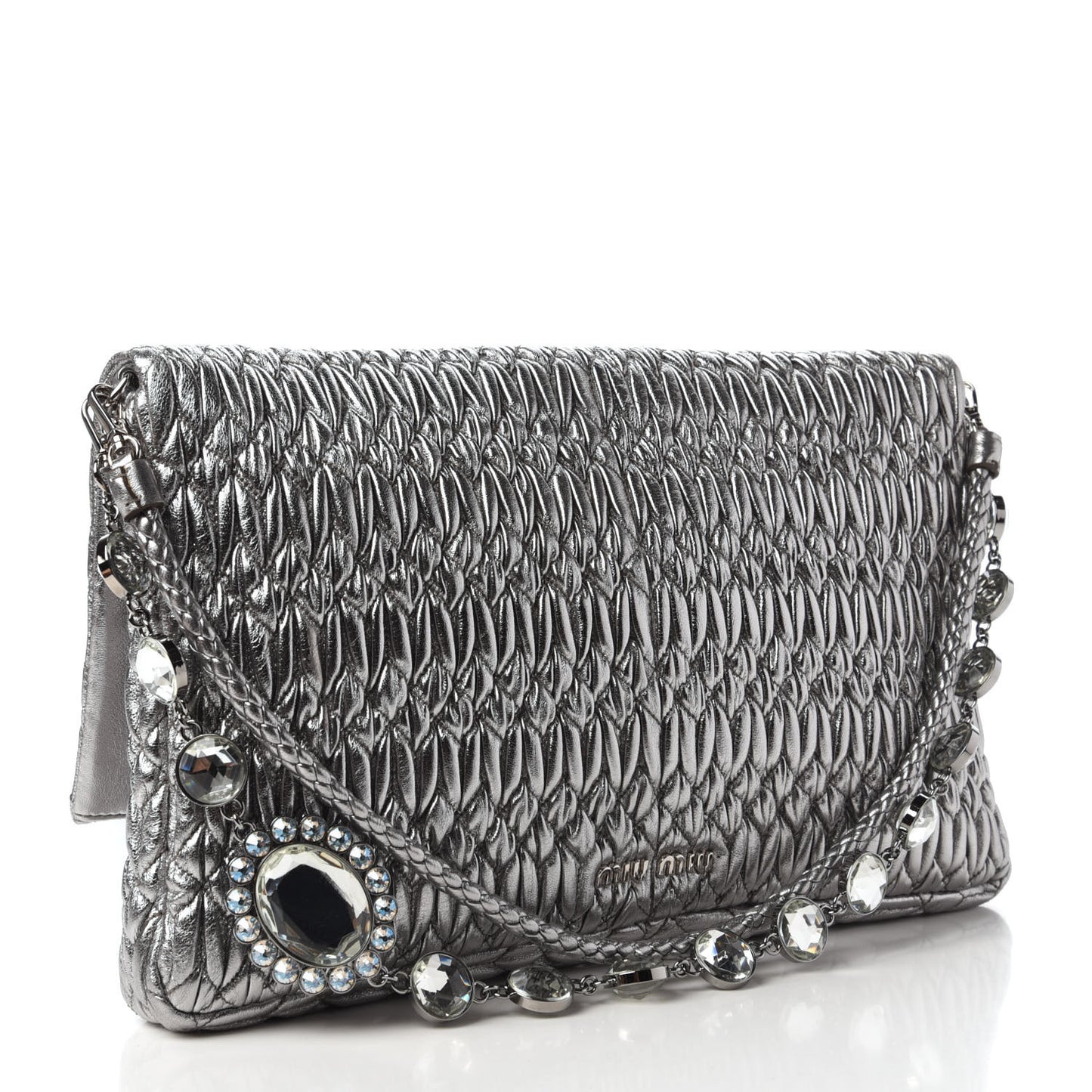 Metallic Nappa Matelasse Crystal Flap Clutch Cromo