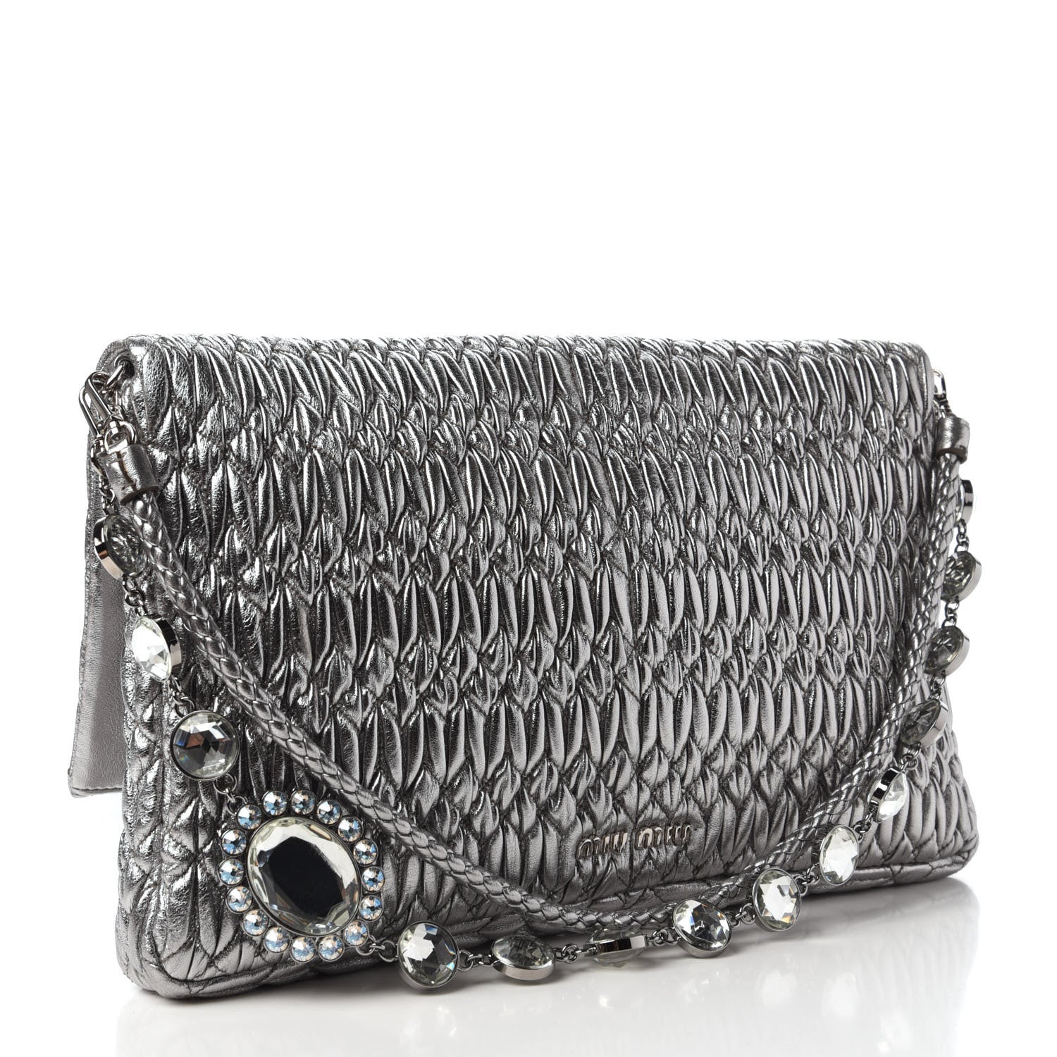 Miu Miu Metallic Nappa Matelasse Crystal Flap Clutch Cromo 3 of 10