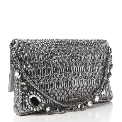 Miu Miu Metallic Nappa Matelasse Crystal Flap Clutch Cromo 3 of 10