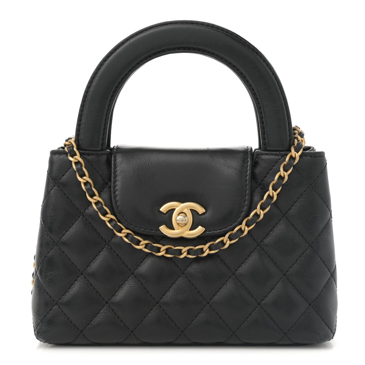 Shiny Aged Calfskin Quilted Nano Kelly Shopper Black