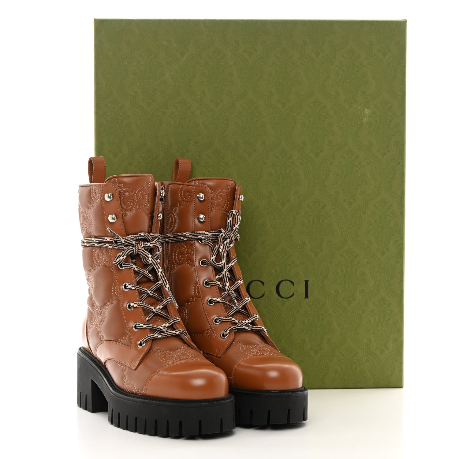 Gucci Cordovan Lux Nappa GG Matelasse Lace Up 60mm Combat Boots 37 Dark Hazel Brown 12 of 12