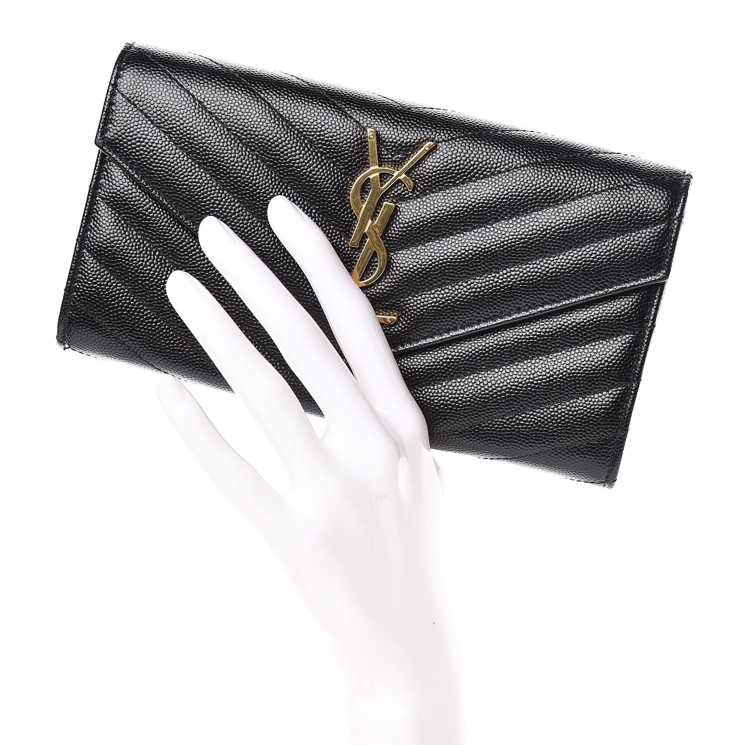 Saint Laurent Grain De Poudre Matelasse Chevron Monogram Flap Wallet Black 2 of 8