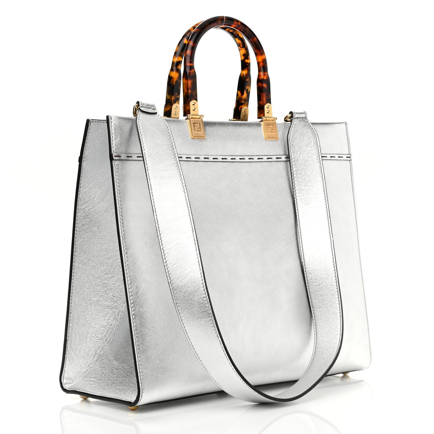 Vitello Catalan Mirror Plexiglass Logo Embossed Medium Fendi Sunshine Shopper Tote Argento