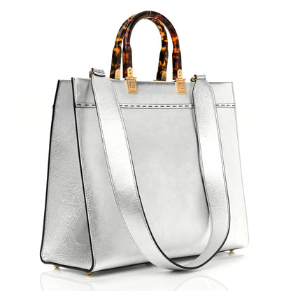 Fendi Vitello Catalan Mirror Plexiglass Logo Embossed Medium Fendi Sunshine Shopper Tote Argento 3 of 10