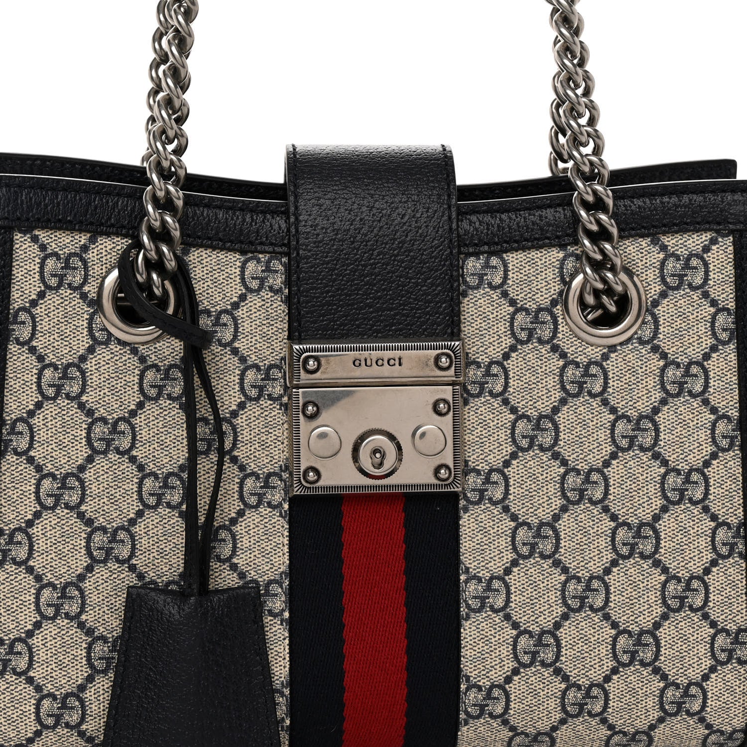 Gucci GG Supreme Monogram Textured Dollar Calfskin Web Small Padlock Tote Bag Beige Blue 7 of 10