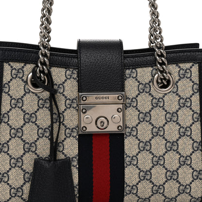Gucci GG Supreme Monogram Textured Dollar Calfskin Web Small Padlock Tote Bag Beige Blue 7 of 10
