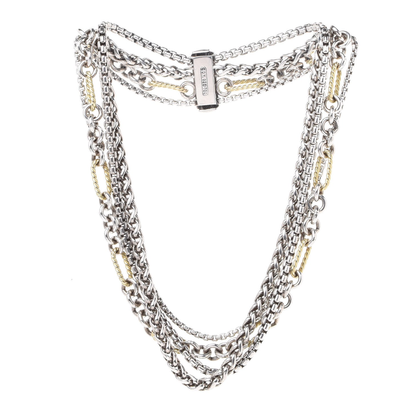 Sterling Silver 18K Yellow Gold Four Row Mixed Chain Necklace