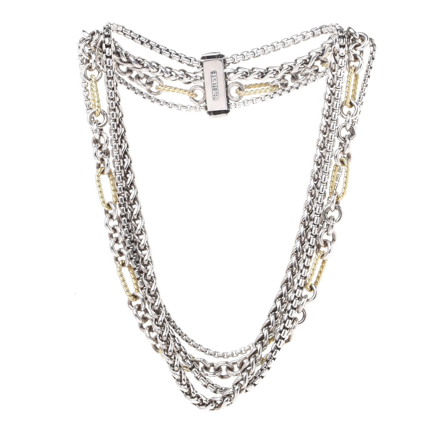 David Yurman Sterling Silver 18K Yellow Gold Four Row Mixed Chain Necklace 3 of 6