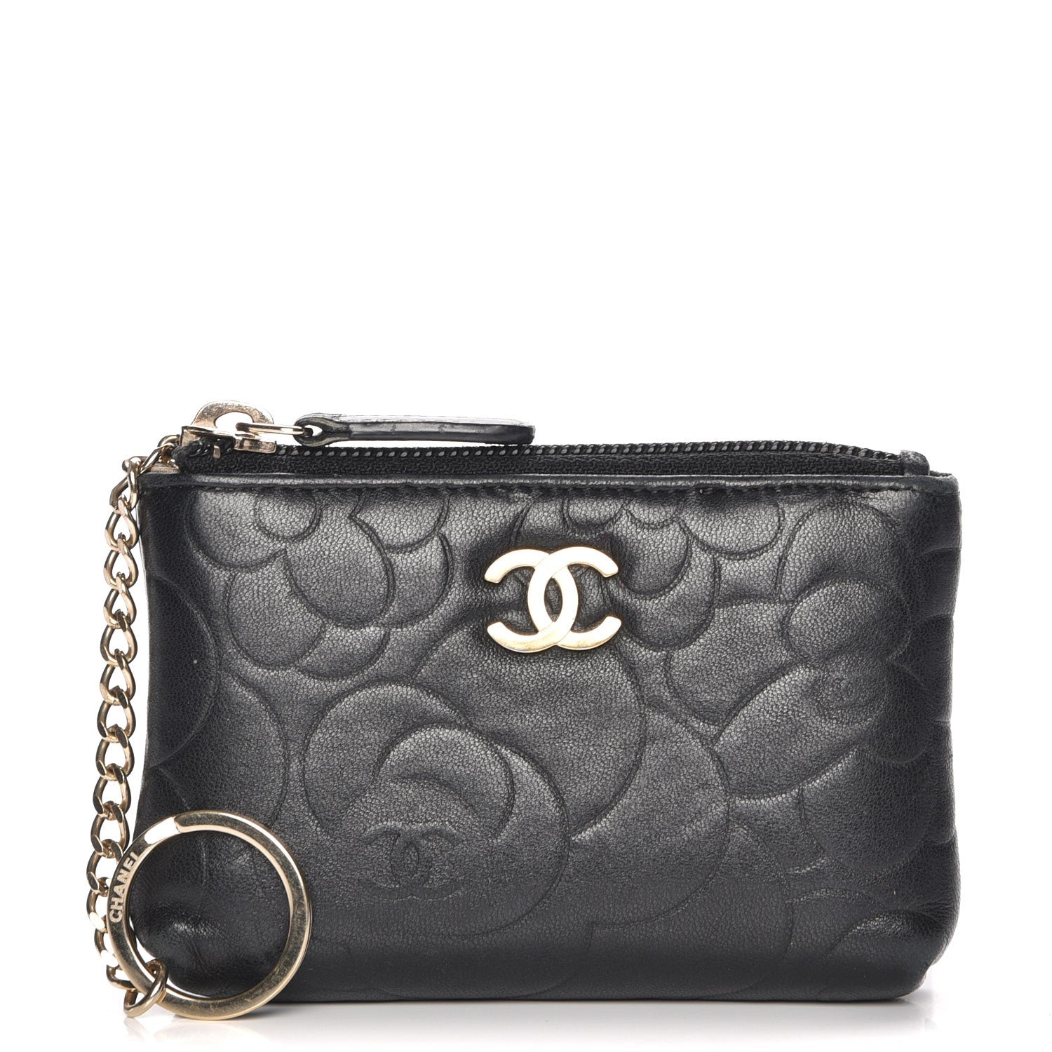 Chanel Lambskin Camellia Embossed Key Holder Case Black 1 of 8