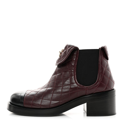 Chanel Lambskin Quilted Cap Toe CC Turnlock Booties 38 Burgundy Black 1 of 9