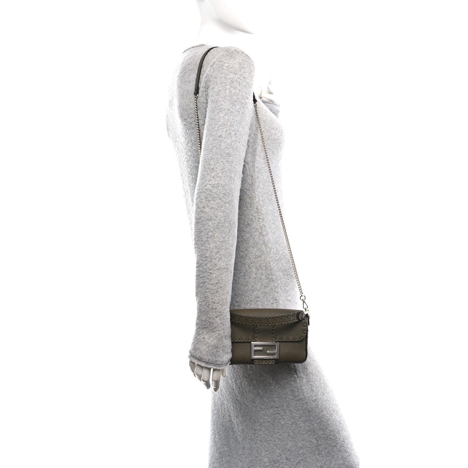 Fendi Cuoio Roma Sellerissima Nappa Sintetica Tape Stitch Mini Baguette Argento 2 of 11