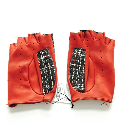 Chanel Lambskin Fantasy Tweed Fingerless Gloves 8 Red Black 2 of 7