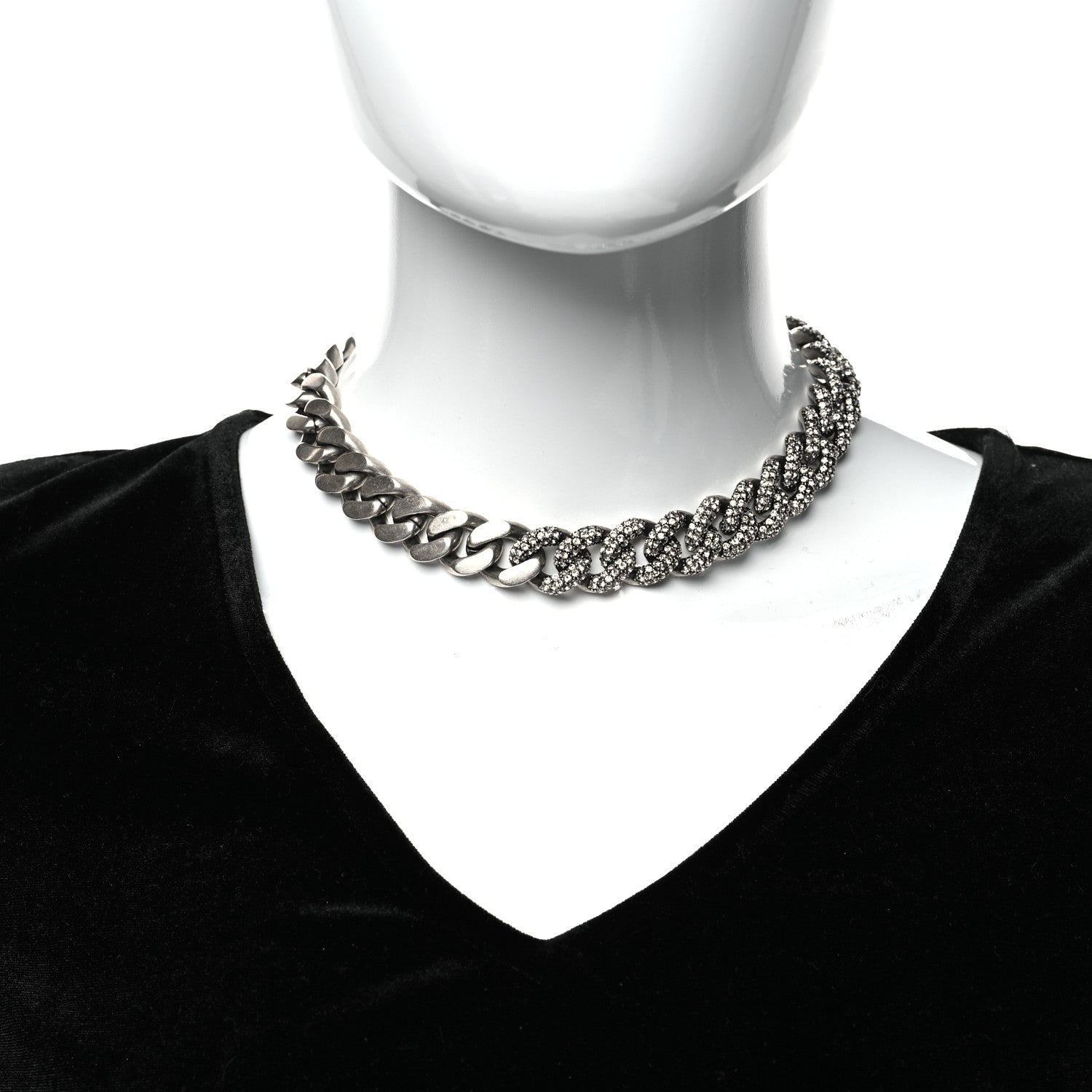 Saint Laurent Crystal Curb Chain Necklace Oxidized Silver 2 of 4