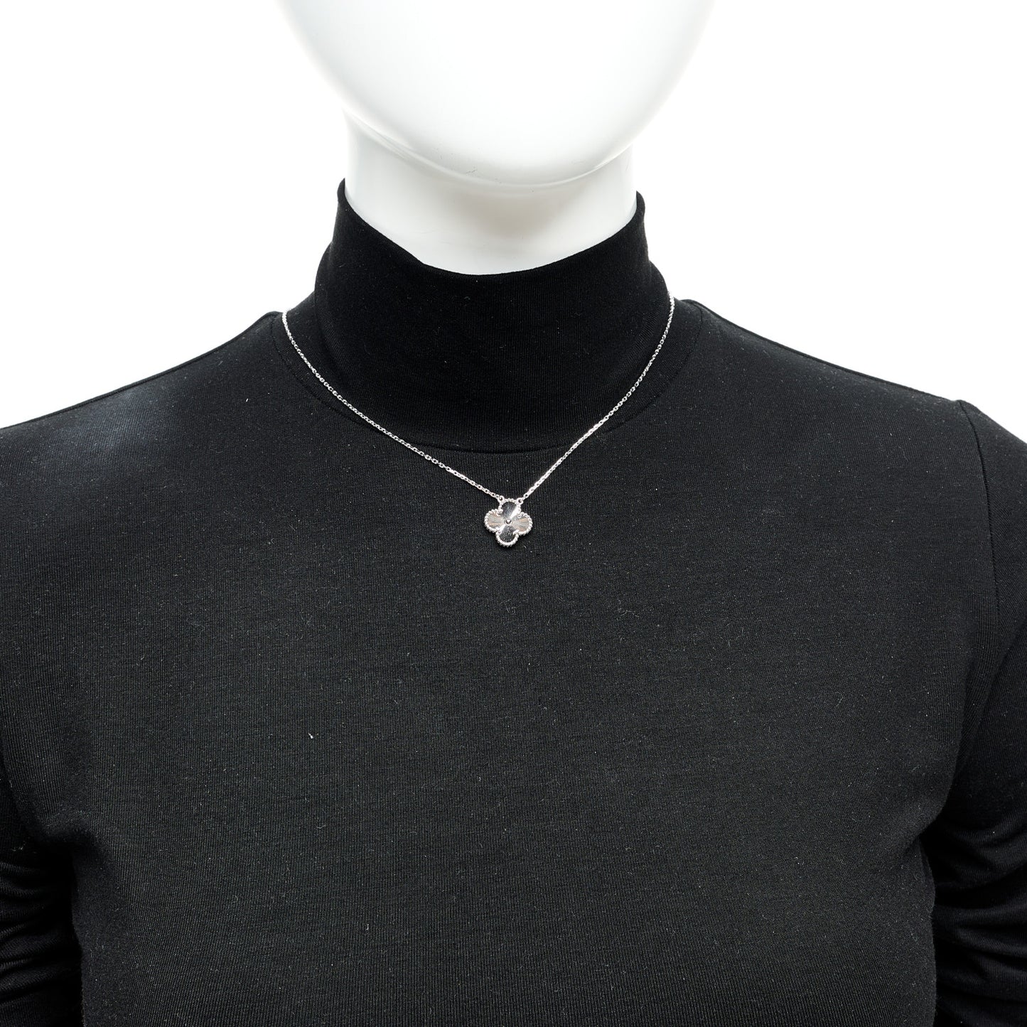 18K White Gold Guilloche Vintage Alhambra Pendant Necklace
