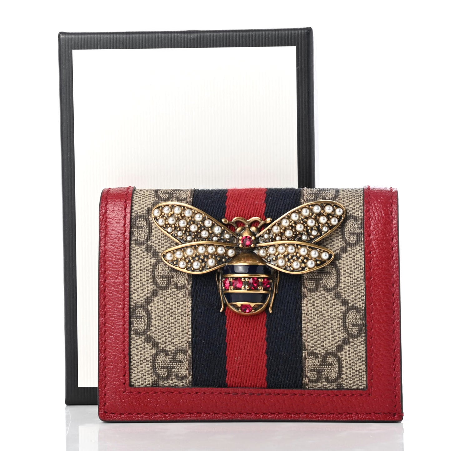 GG Supreme Monogram Queen Margaret Card Case Red