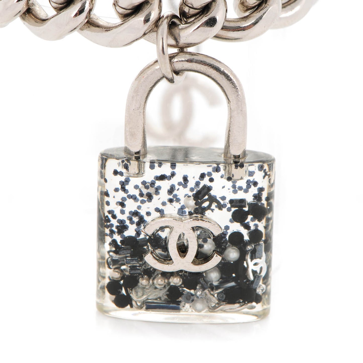 Plexiglass Pearl CC Padlock Bracelet Silver