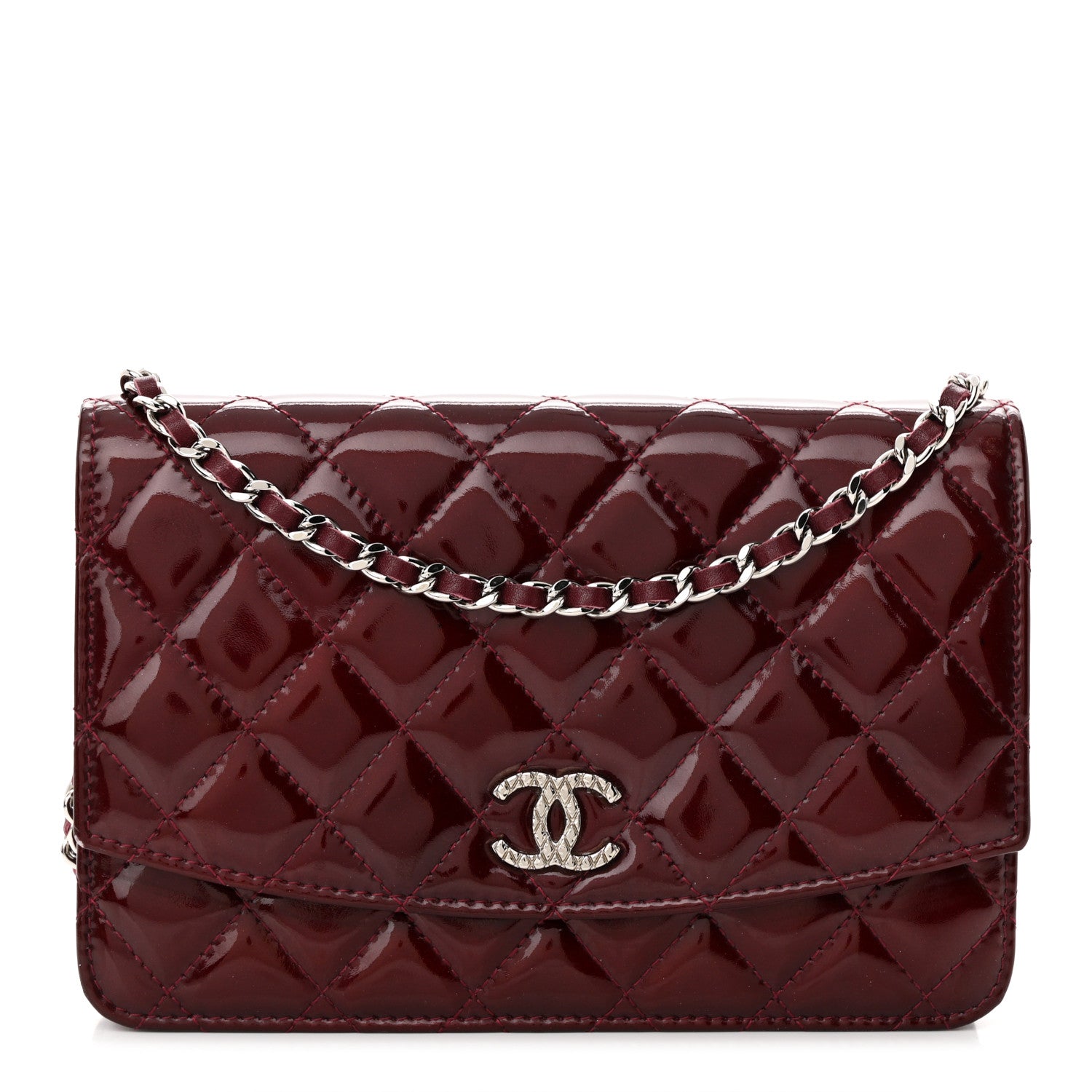 Chanel Patent Quilted Brilliant Wallet On Chain WOC Dark Burgundy 1 of 14
