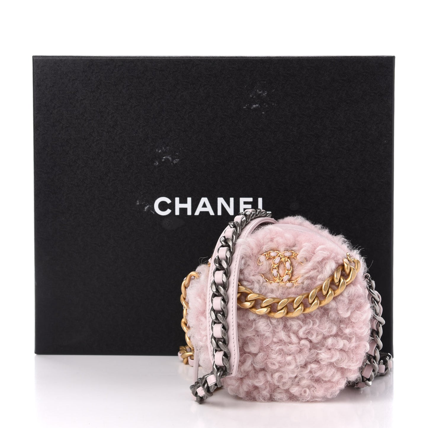 Shearling Sheepskin 19 Round Clutch With Chain Light Pink