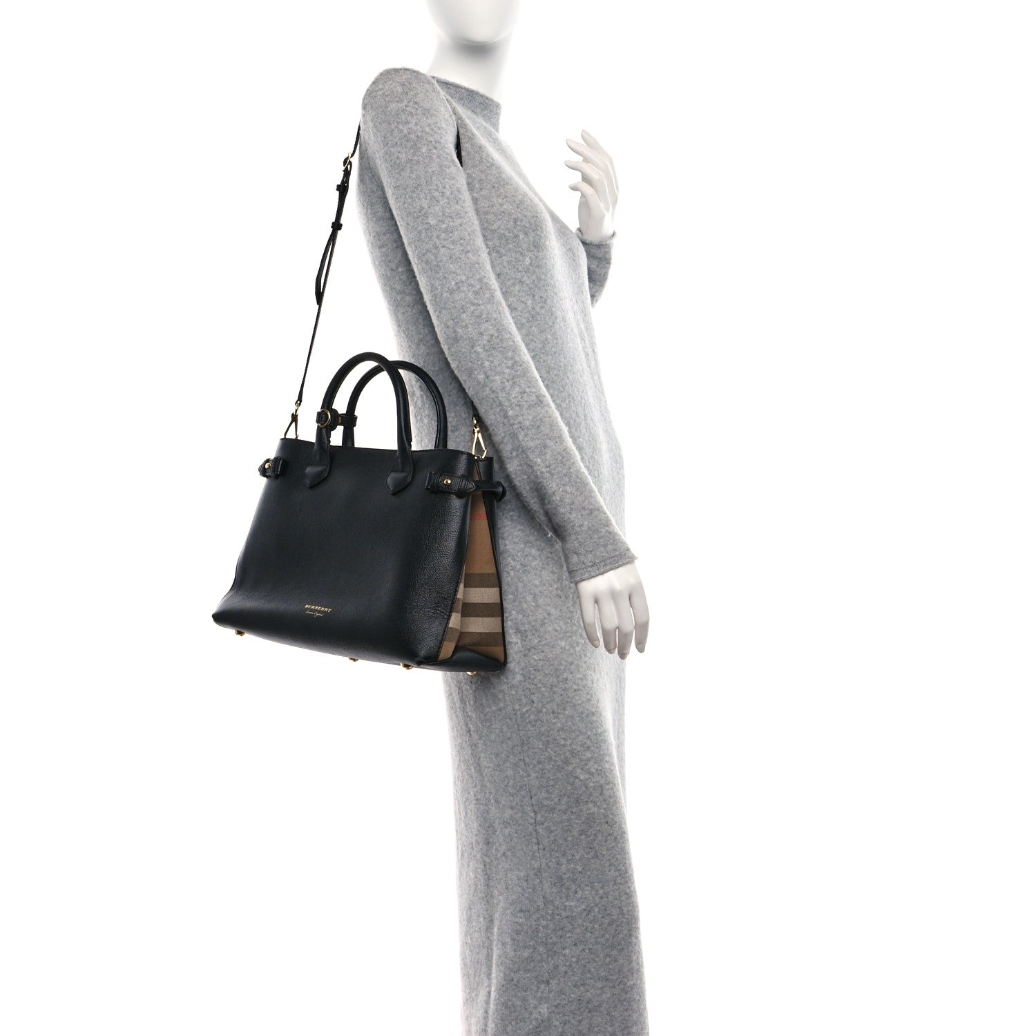 Burberry Derby Calfskin House Check Medium Banner Tote Black 2 of 11