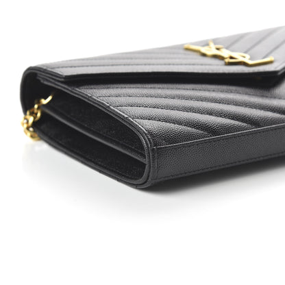 Saint Laurent Grain De Poudre Matelasse Chevron Monogram Chain Wallet Black 6 of 9