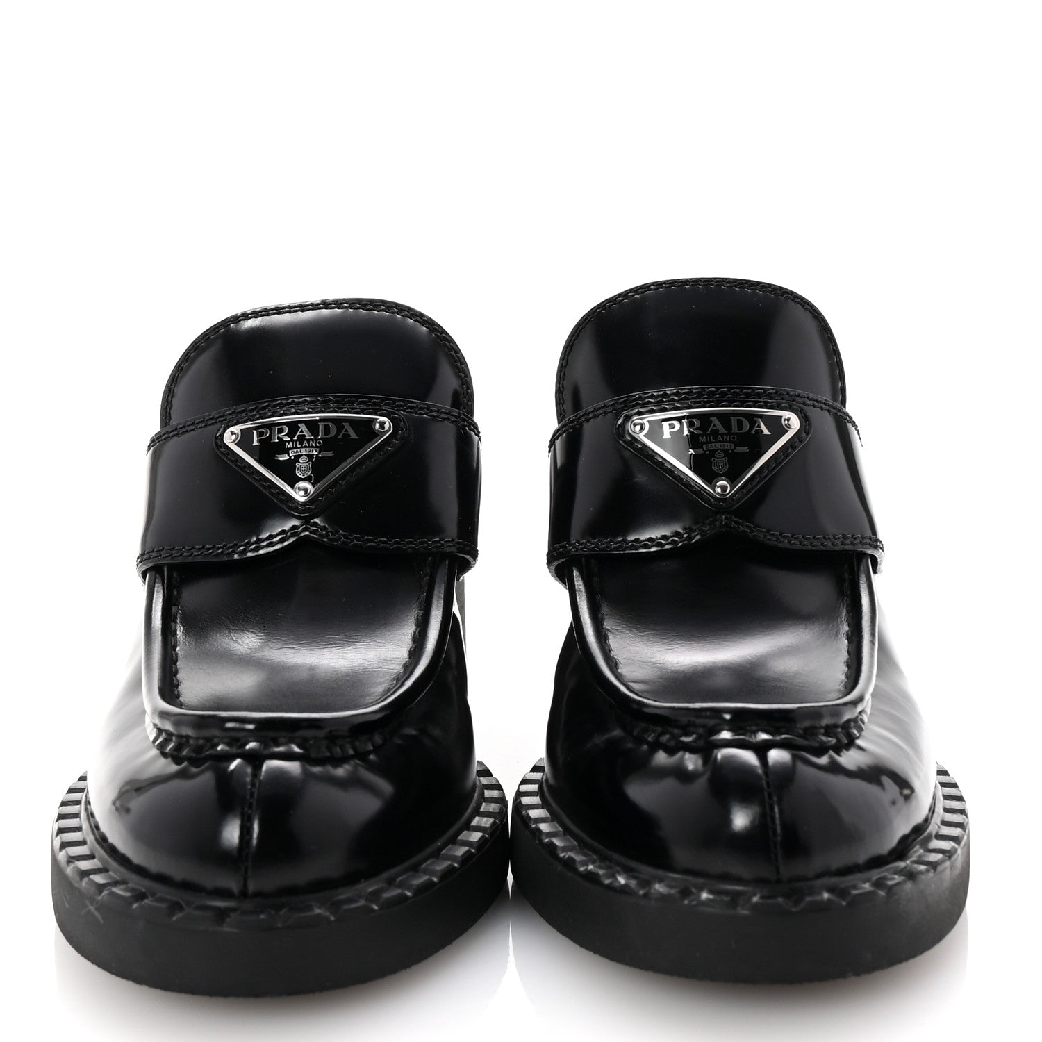 Prada Spazzolato Metal Triangle Logo Platform Loafer Mules 37.5 Black 3 of 9