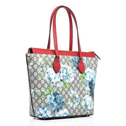 Gucci GG Supreme Monogram Blooms Medium Zippered Bucket Tote Beige Blue Navy Hibiscus Red 3 of 9