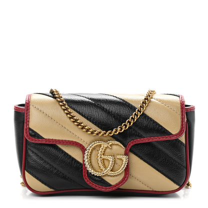 Gucci Vintage Effect Calfskin Matelasse Diagonal Striped Super Mini Torchon GG Marmont Shoulder Bag Black Beige 1 of 11