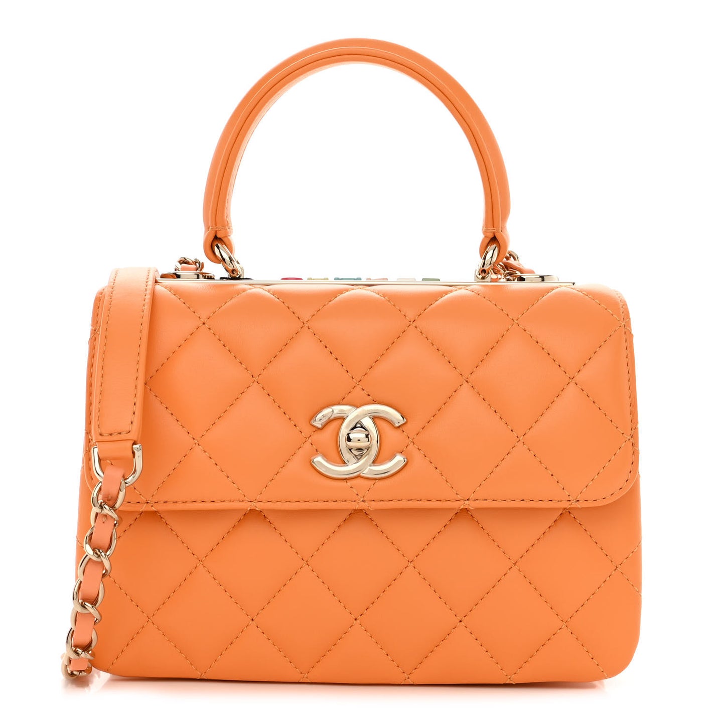 Lambskin Lacquered Quilted Mini Trendy CC Dual Handle Flap Bag Orange